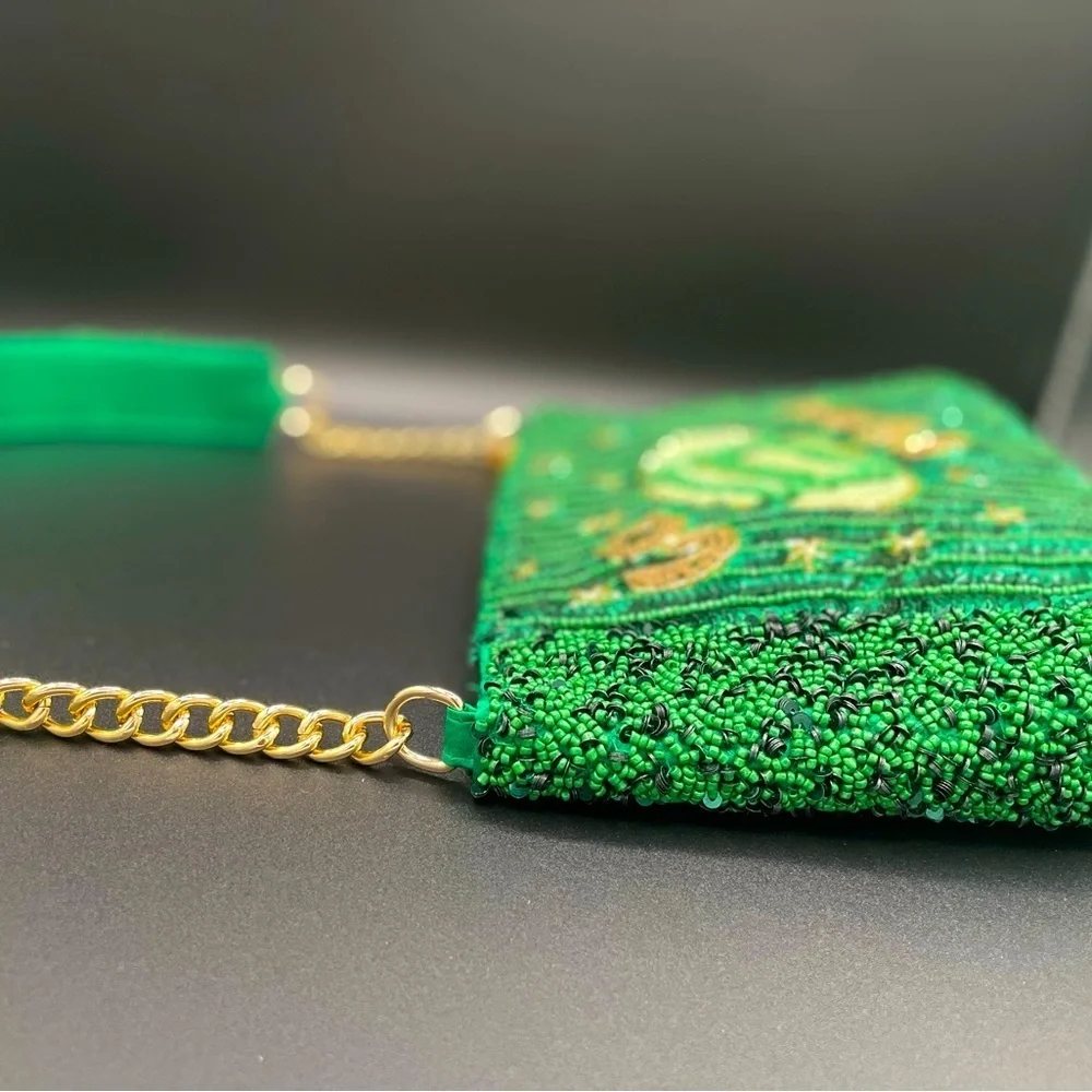 Green Beaded Go Team Football Beaded Shoulder Bag WITH Megaphone Charm